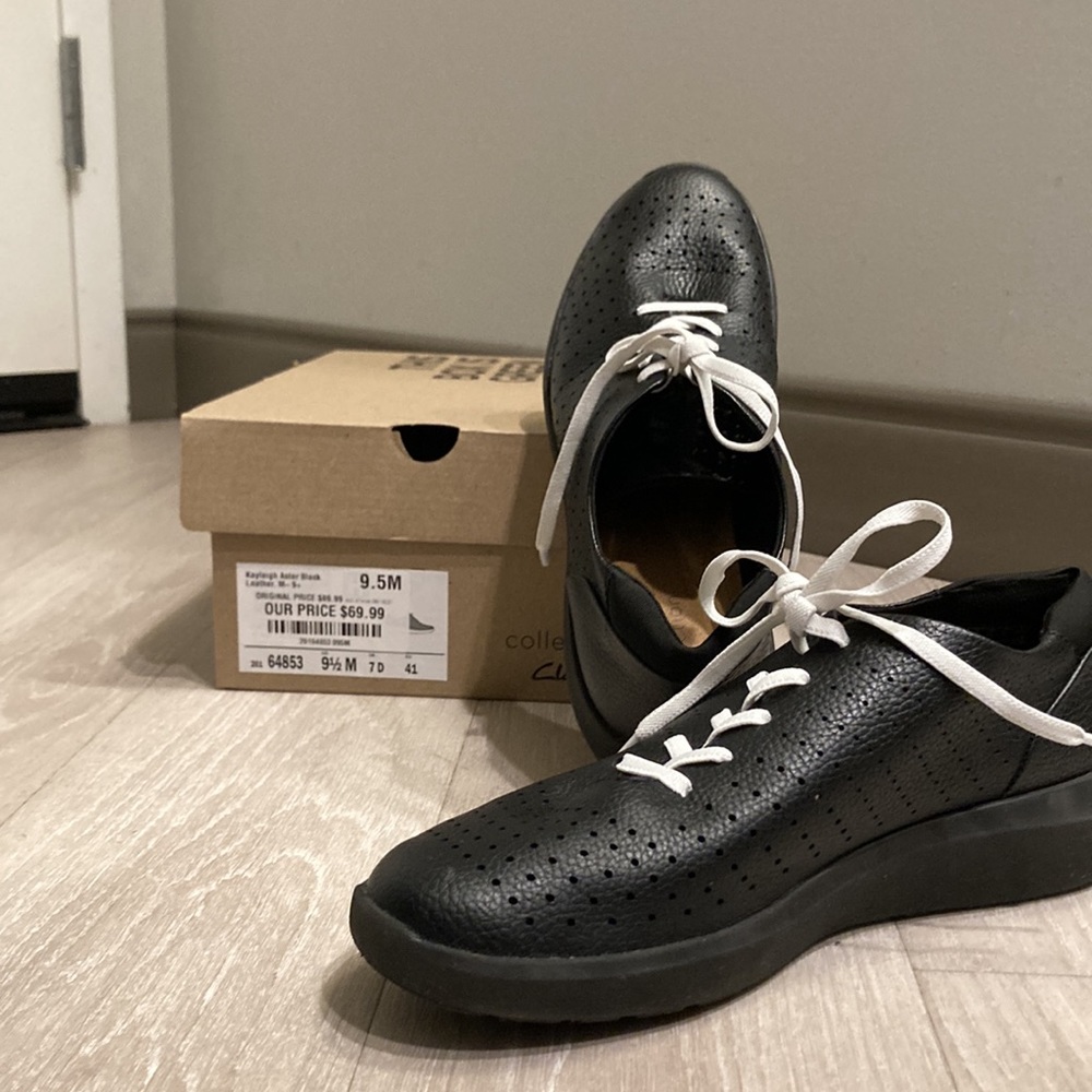 Clarks, Kayleigh Aster Black Leather, women’s sneakers, 9.5m